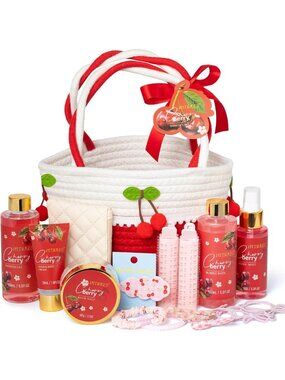 Cherry & Berry Spa Gift Set - Tote Bag, Shower Gel & Lotion for Women, Teens